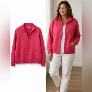 Alfred Dunner Petite 14P Pink Quilted Zip Jacket Embroidered Floral Cozy